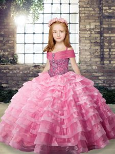 Rose Pink Lace Up Little Girl Pageant Gowns Beading and Ruffled Layers Sleeveless Brush Train