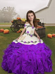 Superior Sleeveless Floor Length Embroidery and Ruffles Lace Up Little Girls Pageant Dress Wholesale with Purple
