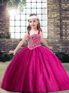 Customized Fuchsia Ball Gowns Straps Sleeveless Tulle Floor Length Lace Up Beading Pageant Gowns For Girls