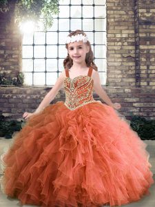 Stylish Rust Red Straps Neckline Beading and Ruffles Pageant Dress Sleeveless Lace Up