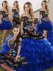 Fashionable Blue And Black Quinceanera Gowns Military Ball and Sweet 16 and Quinceanera with Embroidery and Ruffled Layers Off The Shoulder Sleeveless Lace Up