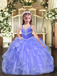 Pretty Straps Sleeveless High School Pageant Dress Floor Length Beading and Ruffles Lavender Organza