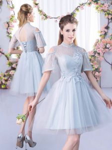 Graceful Grey A-line Lace Court Dresses for Sweet 16 Lace Up Tulle Short Sleeves Mini Length