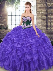 Custom Fit Sweetheart Sleeveless Sweep Train Lace Up Sweet 16 Dresses Purple Organza