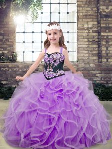 Pretty Lavender Pageant Dress Womens Party and Wedding Party with Embroidery and Ruffles Straps Sleeveless Lace Up
