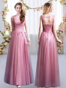Scoop Sleeveless Court Dresses for Sweet 16 Floor Length Lace Pink Tulle
