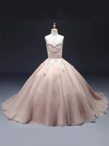New Arrival Pink Sleeveless Beading and Appliques Floor Length High School Pageant Dress