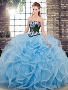 Simple Sweetheart Sleeveless Sweep Train Lace Up Ball Gown Prom Dress Baby Blue Tulle