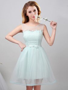 Scoop Apple Green Sleeveless Mini Length Lace and Appliques and Belt Lace Up Dama Dress