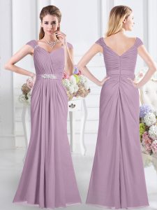 Captivating Lavender Sweetheart Zipper Beading and Ruching Vestidos de Damas Cap Sleeves