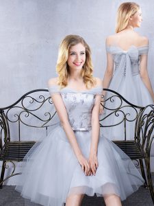 Fashion Short Sleeves Grey Off The Shoulder Lace Up Lace and Appliques and Belt Damas Dress Sleeveless