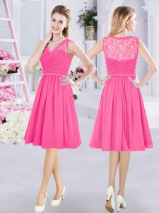 Enchanting Hot Pink Sleeveless Knee Length Lace and Ruching Side Zipper Quinceanera Court of Honor Dress