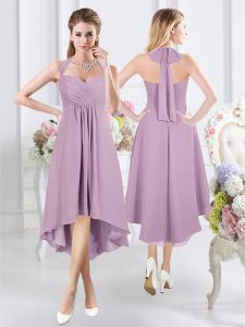 Suitable Halter Top Sleeveless Chiffon Knee Length Zipper Quinceanera Dama Dress in Lavender with Ruching