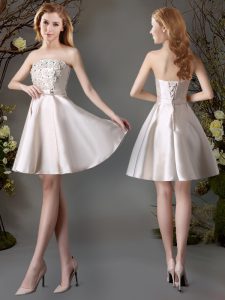 Mini Length Champagne Quinceanera Court of Honor Dress Satin Sleeveless Appliques and Bowknot