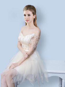 Sequins A-line Quinceanera Court of Honor Dress Champagne Off The Shoulder Tulle Short Sleeves Asymmetrical Lace Up