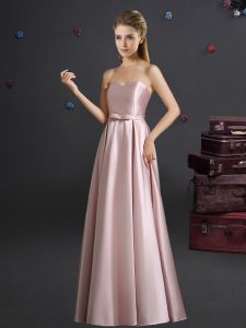 Wonderful Pink Elastic Woven Satin Zipper Damas Dress Sleeveless Floor Length Bowknot