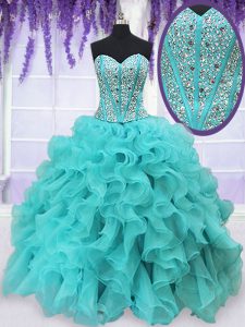 Perfect Sleeveless Organza Floor Length Lace Up Ball Gown Prom Dress in Aqua Blue with Beading and Ruffles