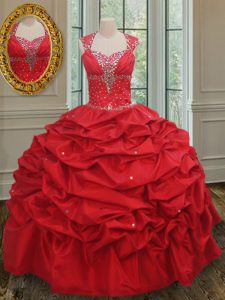 Red Lace Up Straps Beading and Pick Ups Quinceanera Dresses Taffeta Cap Sleeves