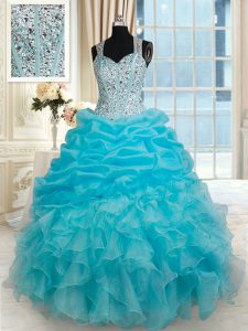 Elegant Straps Pick Ups Floor Length Ball Gowns Sleeveless Aqua Blue 15th Birthday Dress Zipper