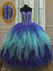 On Sale Royal Blue and Aqua Blue Ball Gowns Sweetheart Sleeveless Tulle Floor Length Lace Up Beading and Ruffles Juniors Party Dress