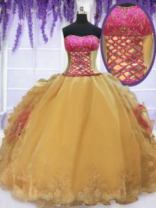 Gold Ball Gowns Strapless Sleeveless Organza and Taffeta Floor Length Lace Up Beading and Lace and Ruffles 15th Birthday Dress