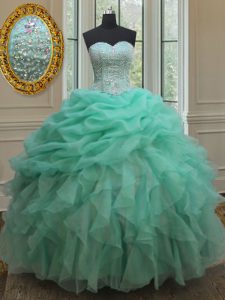 Cute Apple Green Lace Up 15th Birthday Dress Beading and Ruffles and Pick Ups Sleeveless Floor Length