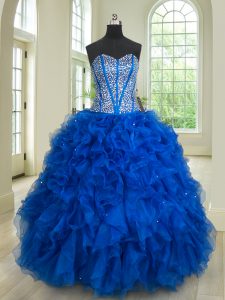 Royal Blue Ball Gowns Sweetheart Sleeveless Organza Floor Length Lace Up Beading and Ruffles Quinceanera Dress