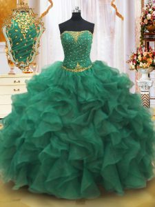 Beautiful Dark Green Organza Lace Up Strapless Sleeveless Floor Length Sweet 16 Quinceanera Dress Beading and Ruffles