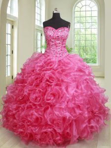 Sweetheart Sleeveless Lace Up Sweet 16 Dresses Hot Pink Organza