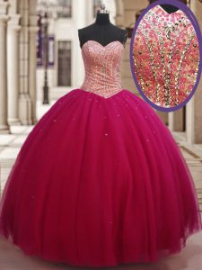 Flare Fuchsia Ball Gowns Sweetheart Sleeveless Tulle Floor Length Lace Up Beading Quinceanera Dresses