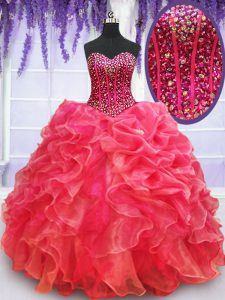 Organza Sweetheart Sleeveless Lace Up Beading and Ruffles Quinceanera Gown in Coral Red