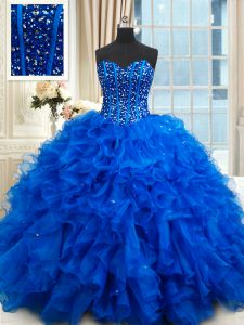 Royal Blue Organza Lace Up Sweet 16 Dress Sleeveless Floor Length Beading and Ruffles