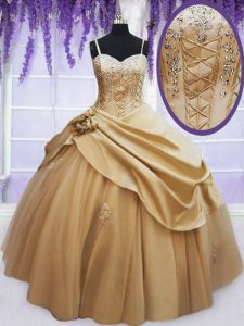 Sleeveless Beading and Appliques and Hand Made Flower Lace Up Quinceanera Gowns