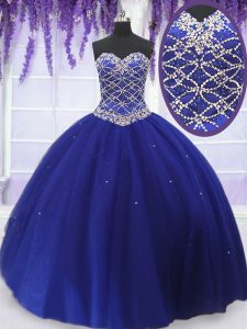 Royal Blue Sleeveless Tulle Lace Up Quince Ball Gowns for Military Ball and Sweet 16 and Quinceanera