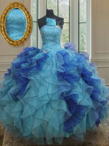 Organza Strapless Sleeveless Lace Up Beading and Ruffles 15th Birthday Dress in Blue