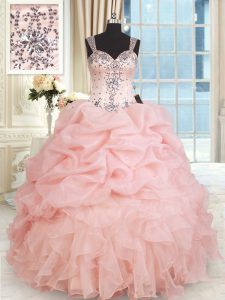 Affordable Straps Baby Pink Ball Gowns Beading and Ruffles and Pick Ups Vestidos de Quinceanera Zipper Organza Sleeveless Floor Length