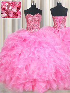 Rose Pink Ball Gowns Beading and Ruffles and Sequins Sweet 16 Dress Lace Up Organza Sleeveless Floor Length