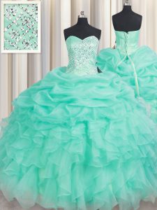 Edgy Apple Green Sleeveless Floor Length Beading and Ruffles and Pick Ups Lace Up 15 Quinceanera Dress