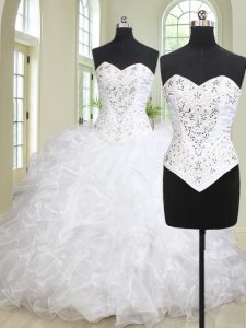 Spectacular Sleeveless With Train Beading and Ruffles Lace Up Quinceanera Dress with White Brush Train