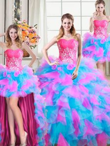Four Piece Beading and Ruffles Quinceanera Gowns Multi-color Zipper Sleeveless Floor Length
