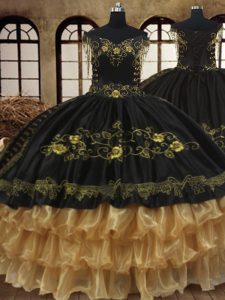 Fine Black Off The Shoulder Neckline Beading and Embroidery and Ruffled Layers Quince Ball Gowns Sleeveless Lace Up