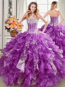 Purple Lace Up Sweetheart Beading and Ruffles and Sequins Quinceanera Dresses Organza Sleeveless