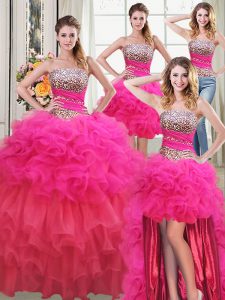 Eye-catching Four Piece Floor Length Lace Up Ball Gown Prom Dress Multi-color for Military Ball and Sweet 16 and Quinceanera with Beading and Ruffles and Ruffled Layers and Sequins