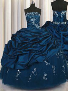 Deluxe Strapless Sleeveless Quinceanera Gowns Floor Length Beading and Appliques and Embroidery and Pick Ups Teal Taffeta