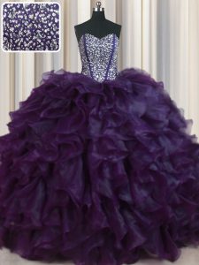 Visible Boning Bling-bling With Train Ball Gowns Sleeveless Dark Purple Vestidos de Quinceanera Brush Train Lace Up