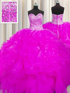 Low Price Visible Boning Beaded Bodice Fuchsia Sleeveless Floor Length Beading and Ruffles Lace Up Quinceanera Gowns