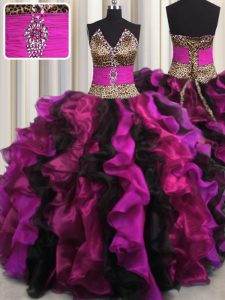 Leopard Multi-color Ball Gowns V-neck Sleeveless Organza Floor Length Lace Up Beading and Ruffles Sweet 16 Quinceanera Dress