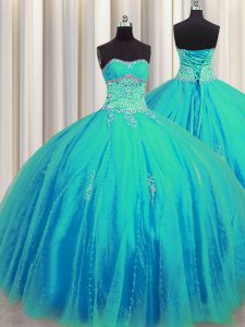 Big Puffy Sweetheart Sleeveless Lace Up Quinceanera Gowns Aqua Blue Tulle