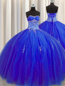 Chic Puffy Skirt Royal Blue Tulle Lace Up Sweetheart Sleeveless Floor Length Quinceanera Dresses Beading and Appliques
