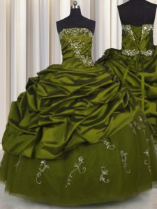 Embroidery Olive Green Taffeta Lace Up Strapless Sleeveless Floor Length Sweet 16 Quinceanera Dress Beading and Appliques and Pick Ups